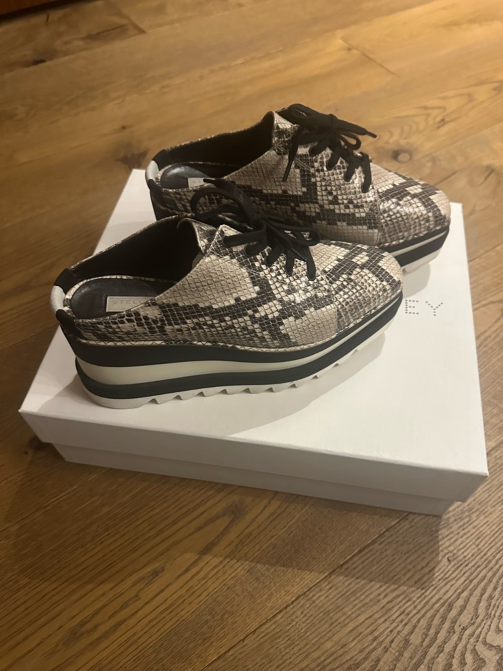 Stella McCartney Black and White Snake-Print Platform Lace-Up Mules